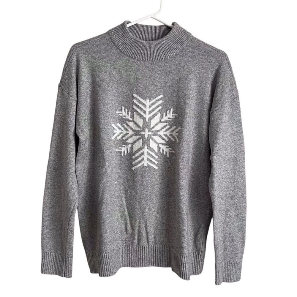 Talbots Grey Snowflake Mock Neck Sweater Neutral Winter Classic Coastal Large